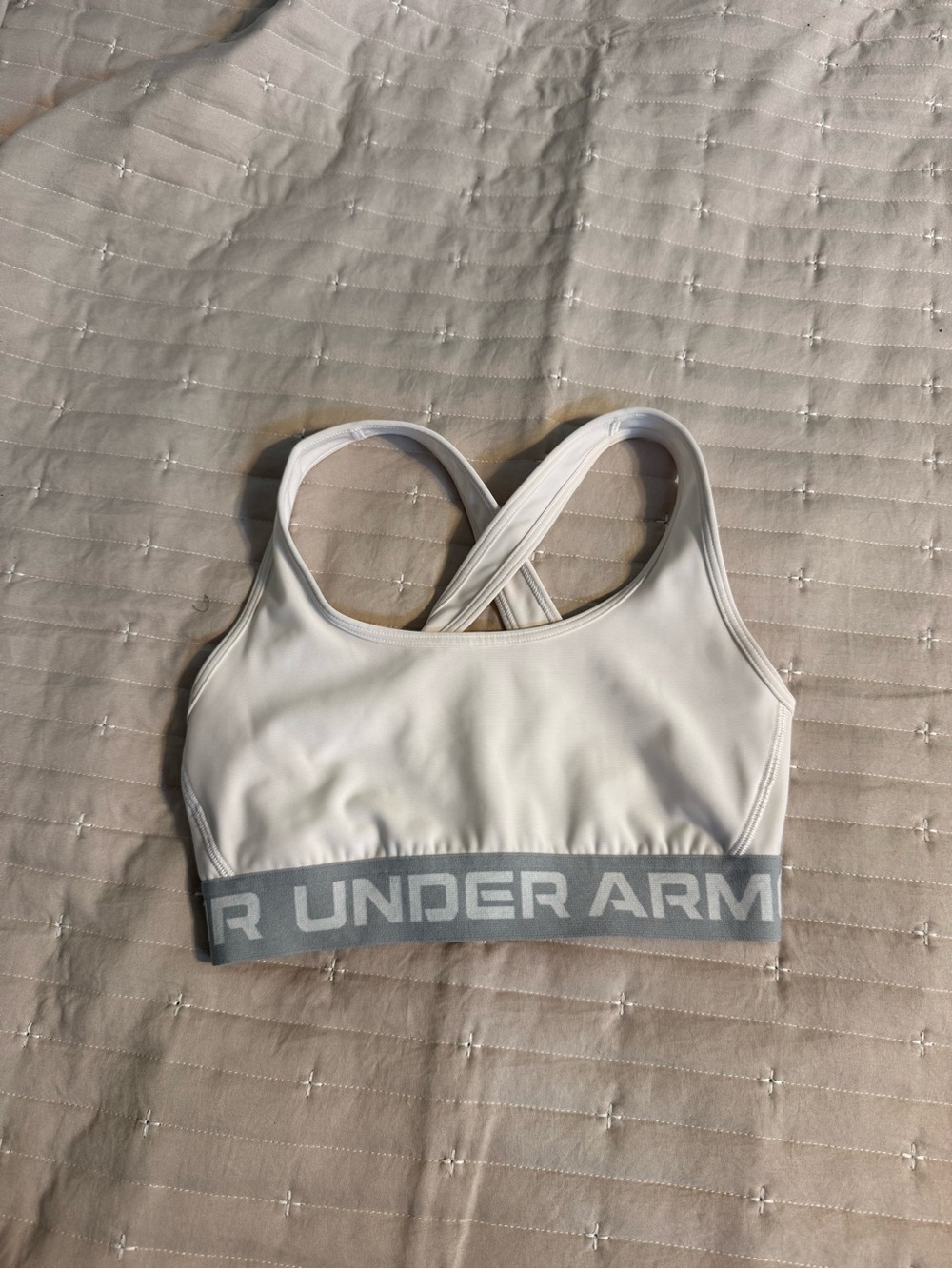Under Armour White Sports Bra with Gray Logo Band and Cross-Back Straps